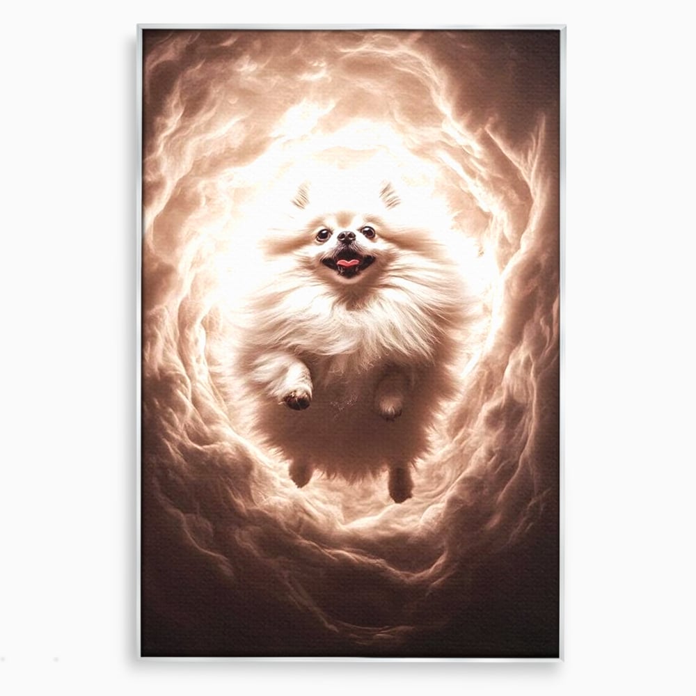 Tablou canvas cu tablou canvas cu caine pomeranian pufos, in rama de aluminiu argintiu